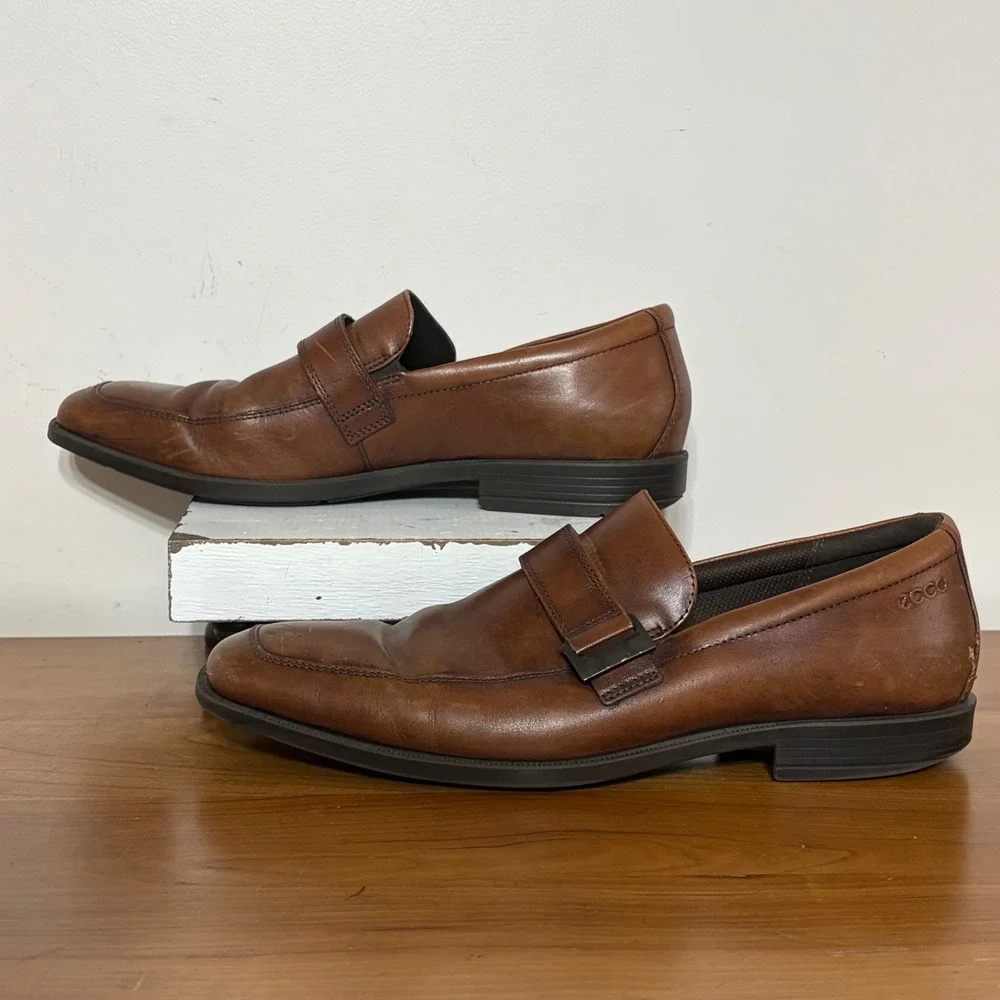 ECCO Mens Cognac Brown Leather Loafers Square Toe Monk Strap Shoes 43 404888